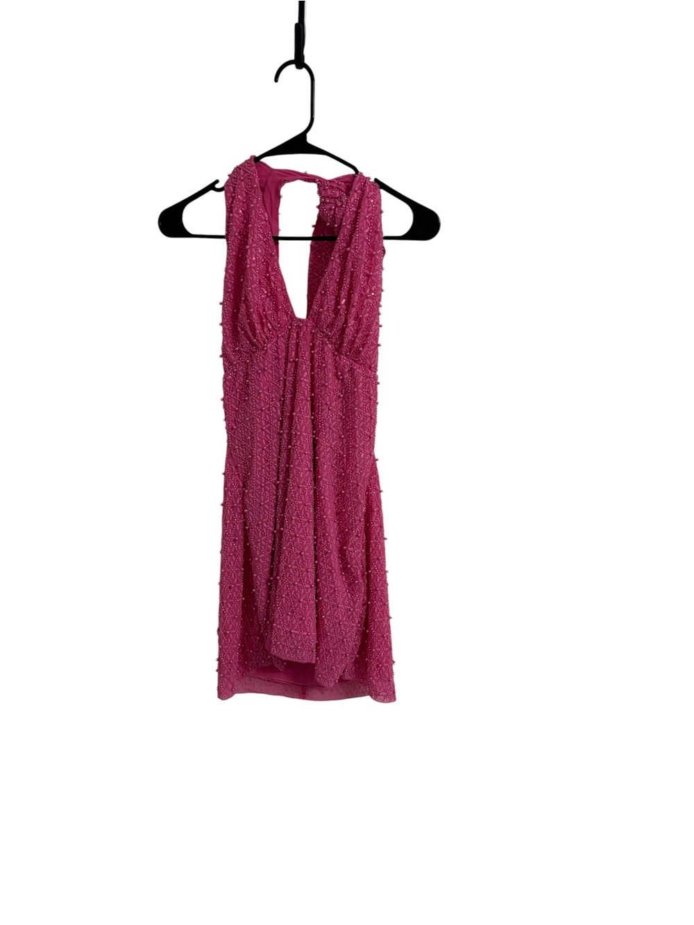 Embellished Extreme Cowl Neck Halter Mini Dress in Hot Pink - Picture 4 of 7